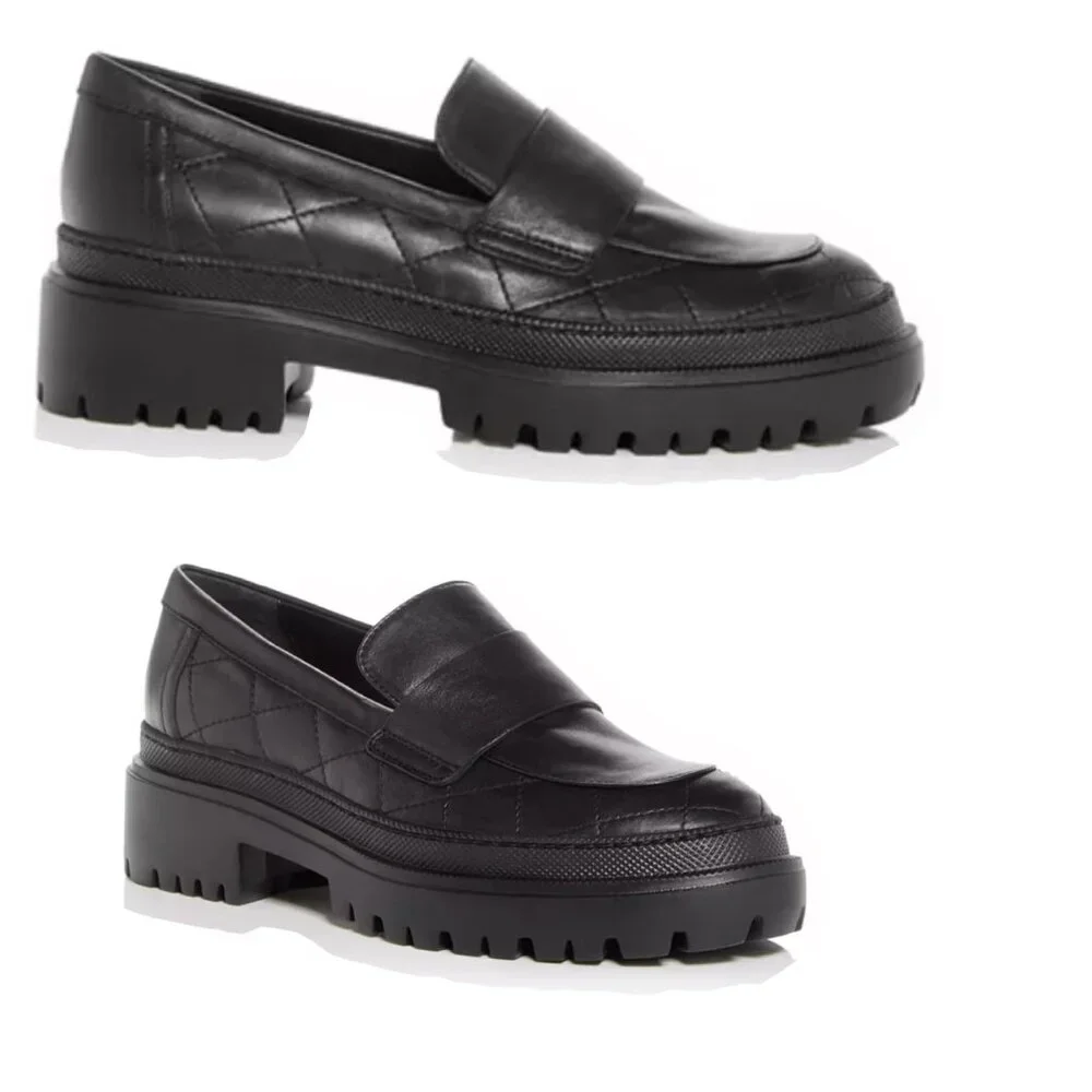 AGL Mary Quilted Leather Loafers Black Chunky Heel Women Size 38